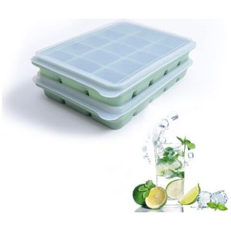 Set di 2 vaschette per ghiaccio, 15 stampi in silicone flessibili, impilabili per whisky, alimenti per bambini, senza BPA (VERDE BAMBÙ) (1/5)
