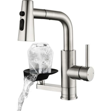 Robinet de Cuisine avec Lave Verr,Robinet Cuisine Douchette 3 Modes de Jet  Robinet Cuisine Douchette Lave-verres, 3 Flux, Rot 360°, Acier 304 Brossé Adapté Cuisine, Bar, salle de Bain (1/5)