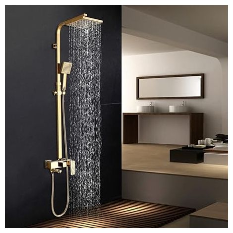 Colonne de douche, ensemble de douche avec pommeau de douche en laiton, effet pluie 20 x 20 cm et barre de hauteur réglable, couleur or (1/5)
