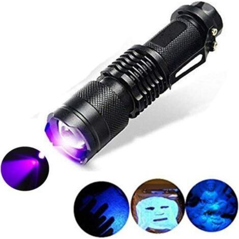 Lampe torche UV, mode 300LM zoomable 395 nm en mode ultraviolet à 395nm pour la détection de taches de chien, vérification de l’argent de passeport, de la cosmétique, etc. (1/5)