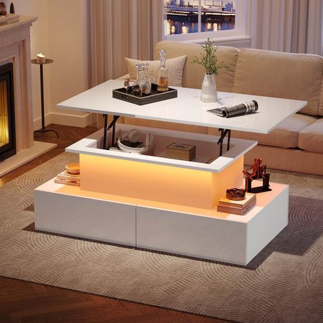 Table basse laquée brillante 90x55x41 cm  avec éclairage LED et 4 tiroirs et espace de rangement Panneau de particules  Blanc