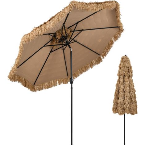 COSTWAY Ombrellone da Spiaggia 300 cm, Ombrellone Hawaiano in Paglia PE con 8 Stecche, Manovella Manuale, Inclinazione Regolabile, Ombrellone Portatile per Spiaggia, Patio (1/5)