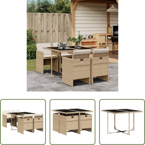 Essgruppe - 5-tlg. Garten-Essgruppe mit Kissen Beige Poly Rattan (1/5)