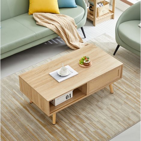 Mesa de centro 105x55x41,5 cm color natural, puertas correderas, MDF y patas de madera MEUBLIV (1/5)