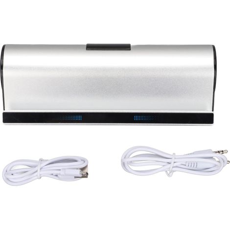 Tragbarer Bluetooth-Stereo-Lautsprecher mit Halterung für Smartphone und Tablet, zwei Lautsprecher und Akku, Silber