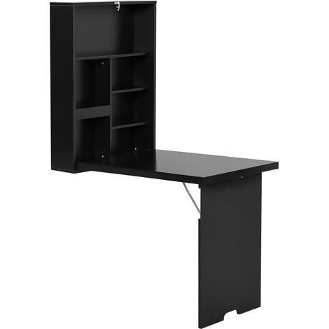 Lot mural pliable noir MDF avec étagère et tableau d'écriture intégré, table murale rabattable suspendue sur pied.