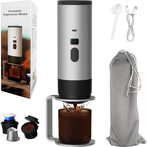 Cafetière à expresso portable 3 en 1 avec support, machine à café de voyage auto-chauffante, rechargeable par USB, mini machine à expresso pour capsules de café moulu pour camping, camping-car