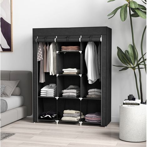 Armario de tela 125x43x162.5 cm negro en tela con 8 estantes y 2 barras de colgar (1/5)