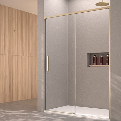 Mampara de ducha Fijo y Puerta Corredera 140x195 cm Oro Cristal templado Antical transparente 6mm (1/5)