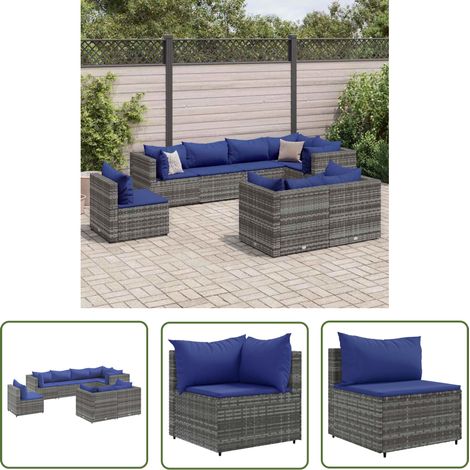 The Living Store 8-tlg. Garten-Lounge-Set mit Kissen Grau Poly Rattan - Gartenmöbel - Lounge Set - Outdoor Möbel - Rattan Gartenmöbel - Gartenloungeset (1/5)
