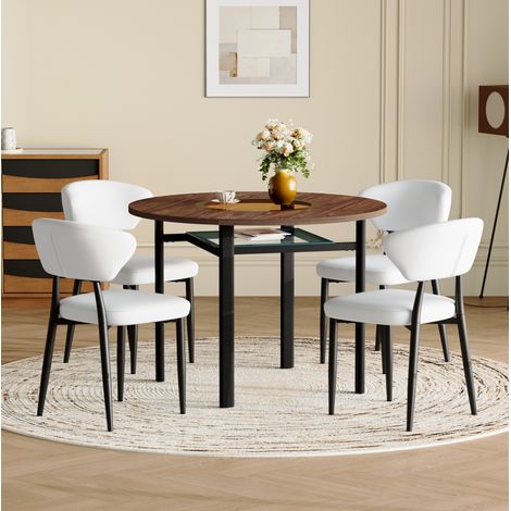 Conjunto de comedor con mesa redonda MDF y cristal marrón/negro Ø100 cm y 4 sillas de PU blanco con patas metálicas (1/5)