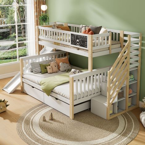 Lit Superposé 140×200 cm et 90×200 cm, Lit 3 Places avec Escalier de Rangement, Armoire et Toboggan, sans Matelas, Blanc (1/5)