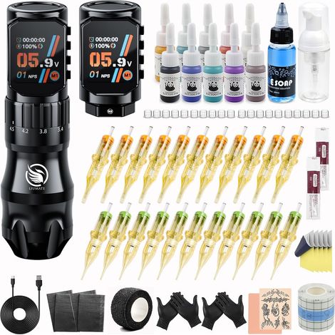 Kit de Machine Sans Fil 7 Coups Ajustables avec 2 batteries de 2200mAh Machine à Rotative Kit Complet avec 10 encres 20 cartouches pour Débutants et Artistes (1/5)