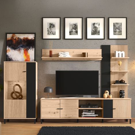 Pared Modular Petrona, Mueble de Salón 8 Estantes, Modificable, 7 Compartimientos, 263x40x167h cm Marrón Roble Nodoso (1/5)