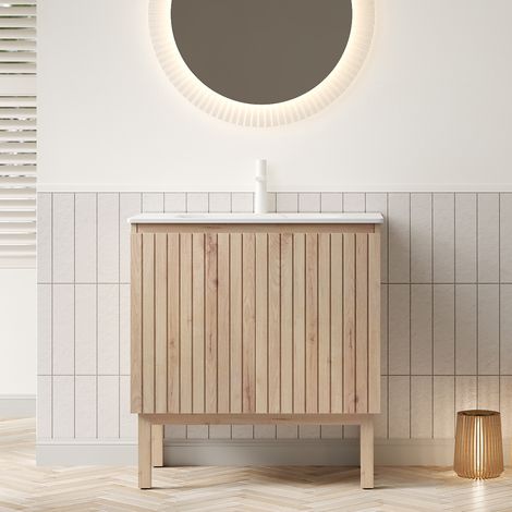 Mueble de baño independiente NIKO de 80 cm con lavabo de piedra sinterizada blanca Carrara curvada en caliente, armario a rayas con estante ajustable y puertas dobles, color madera de roble blanco.