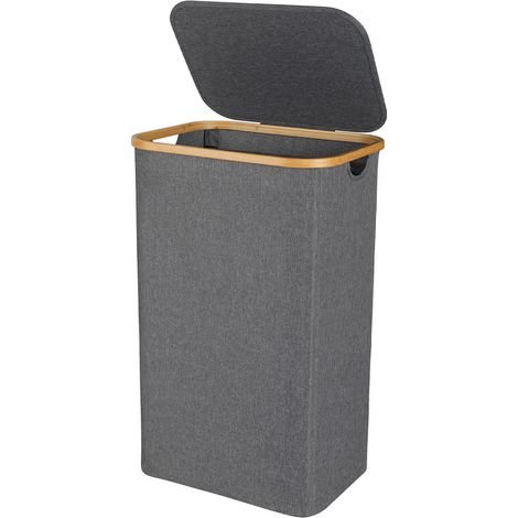 Jopassy Cesto per la biancheria sottile con coperchio, 100L, salvaspazio, fodera in rete rimovibile, tessuto Oxford, manici in bambù, pieghevole,Grigio (1/4)