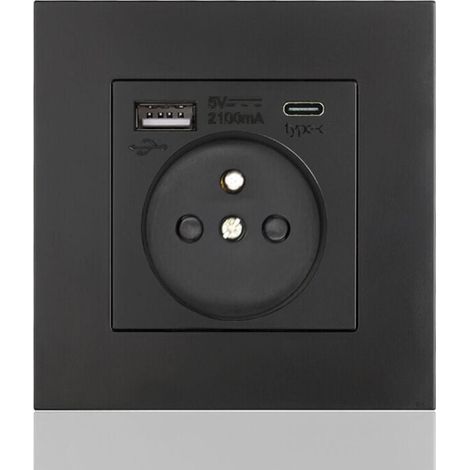 Panneau de prises françaises Type-c+USB16A Type 86, nombre de prises : 2 trous, nombre de ports USB : 1, nombre de ports type-c : 1, sûr et ferme(carré noir) (1/4)