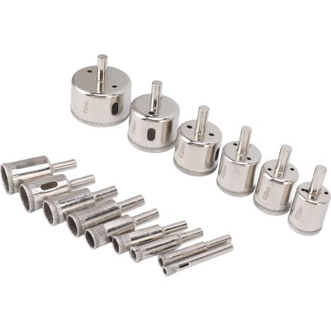 Kit de 15 forets diamantés pour la découpe du verre, du carrelage, de la céramique, du marbre et de la porcelaine (6-8-10-12-14-16-18-20-22-25-28-30-35-40-50 mm). (1/5)