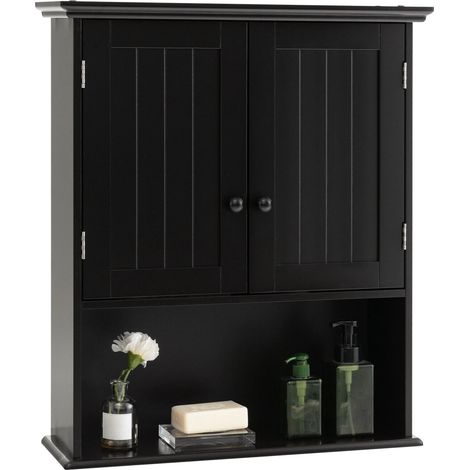 Meuble de rangement mural noir en MDF avec 2 portes et étagère ouverte réglable pour salle de bain cuisine et entrée (1/5)