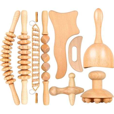 Kit Massage Bois 9 en 1 - Outil Drainage Lymphatique Anti-Cellulite - Rouleau Courbé Naturel pour Jambes et Corps (1/5)