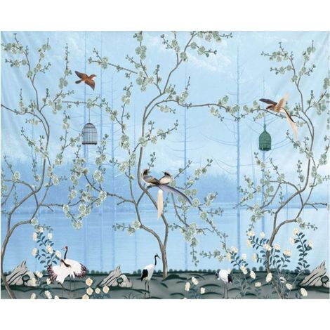1 grande tapisserie murale bohème à motifs de fleurs et d'oiseaux bleus (1/5)