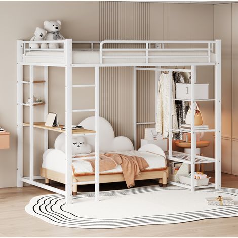 Letto soppalco per bambini FloraGrace 140x200 cm, scrivania, bianco, metallo/legno, senza materasso (1/5)