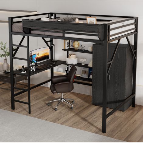 Bett Hochbett Stauraum 140x200 Metall MDF OKMYHOME (1/5)