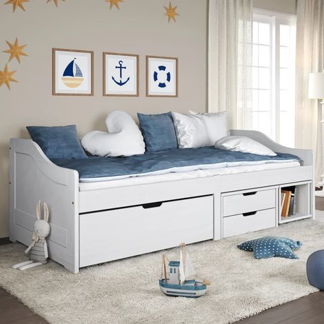 Lit de jour avec 3 tiroirs Lit adulte Contemporain Lit Simple IRUN blanc 90x200 cm bois pin massif 95992 (1/5)
