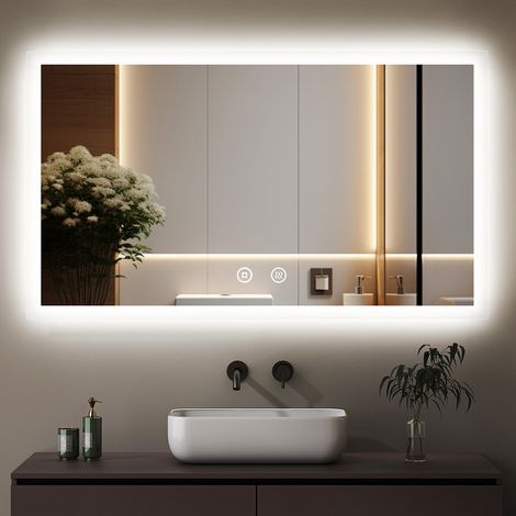 LED Badspiegel mit Beleuchtung 120x70cm Groß Spiegel mit Beleuchtung Badezimmerspiegel mit Beleuchtung Kosmetikspiegel Lichtspiegel LED Wandspiegel, 3 einstellbare Lichtfarbe, Anti-Beschlag, Speicherf (1/5)