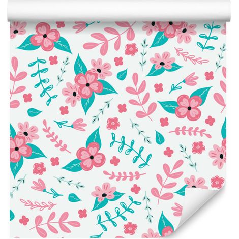 Papier peint fleuri blanc, rose poudré et céladon pour salon et chambre 50x1000 cm (1/5)