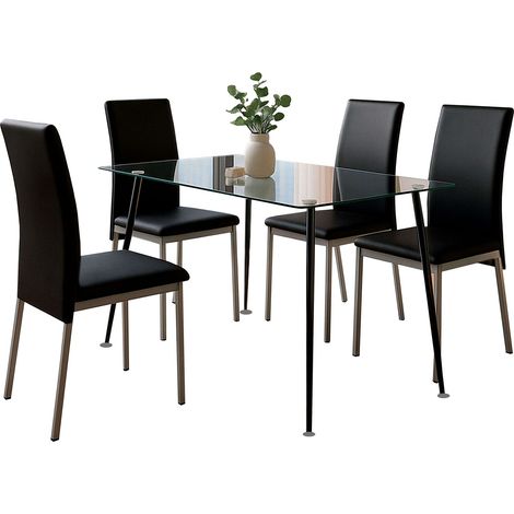 Juego de Comedor Mesa Cristal y 4 Sillas, Juego de Mesa Fija y 4 Sillas Salón, Mesa Rectangular Color Negro