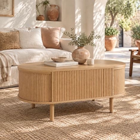Mesa de centro elevable ovalada con almacenaje, MDF y patas de madera, color roble OKMYHOME (1/5)