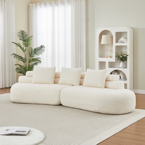 Canapé modulable 2 pièces en chenille beige, design arrondi, 3 coussins de dossier (1/5)