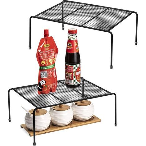 Lot de 2 étagères de rangement pour placard cuisine - Noir, organisateur compact pour comptoir et garde-manger, gain de place optimal (1/5)