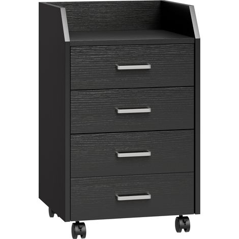 Cassettiera da Ufficio 40x36x65 cm con 4 Cassetti e Ripiano per Stampante su Ruote in MDF Nero (1/5)