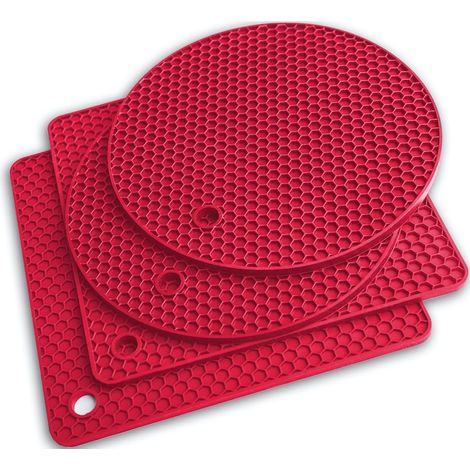 Ensemble d'accessoires de cuisine en silicone Q's INN comprenant 4 pièces : manique, protège-table et plan de travail, égouttoir à vaisselle et gants isolants thermiques 225 °C, couleur rouge (1/5)