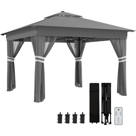 3.36 x 3.36m Pop Up Gazebo Party Tent with Solar-Powered LED Lights, Adjustable Event Shelter with Netting, Grey