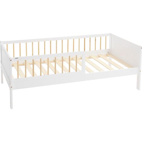 ML-Design Cama Infantil 80 x 160 cm Blanca-Beige de Madera Maciza de Pino, Lecho Individual para Niños y Niñas con Somier de Láminas y Protección Anticaída Cuna para Habitación Juvenil de Adolescentes