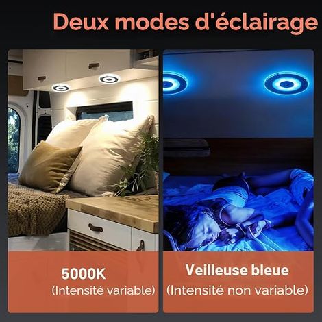Plafonnier LED 12V Camping-Car Dimmable Panneau Lumineux pour Bateau Camion Van Éclairage Intérieur, 185mm 9W 24V Montage en Surface avec 5000k/Lumière Bleue, Interrupteur Tactile (1/4)