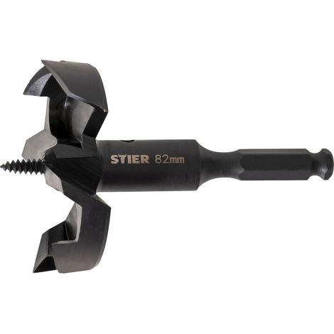 STIER Forstnerbohrer 82 mm Durchmesser, Holzbohrer, selbstzuführende Schraubenspitze, hochwertig, schneller Spanabtrag, für Kork, Karton, Hartholz, MDF (1/4)