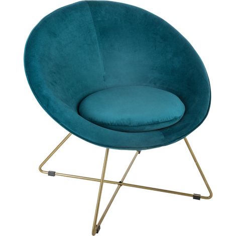 Fauteuil bleu canard en velours - L. 76 x l. 67 x H. 69 cm -PEGANE-