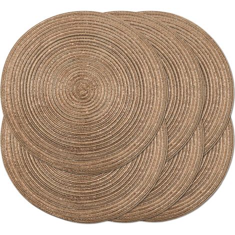 Lot de 6 sets de table ronds tressés de 38,1 cm pour tables de salle à manger, sets de table tissés naturels résistants à la chaleur (marron brillant)'Brillance Marron 6 PCS'Brillance Marron'6 PCS (1/5)