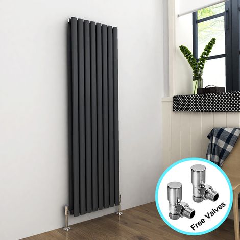 ELEGANT 1600 x 480 mm Anthracite Vertical Column Radiator Double Oval Panel Designer Bathroom Radiator + Angled Radiator Valves (1/5)
