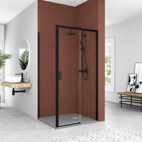 Paroi de douche fixe avec Porte coulissante + Paroi latérale TOKIO noir mat 70 cm