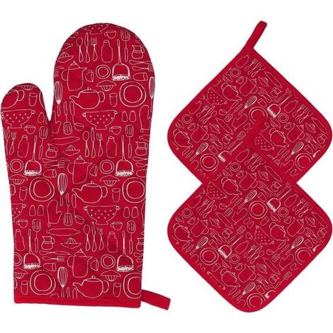 Gants de four manique gants de four en coton résistant à la chaleur gants de grill à manches longues 3 pièces (rouge) (1/4)