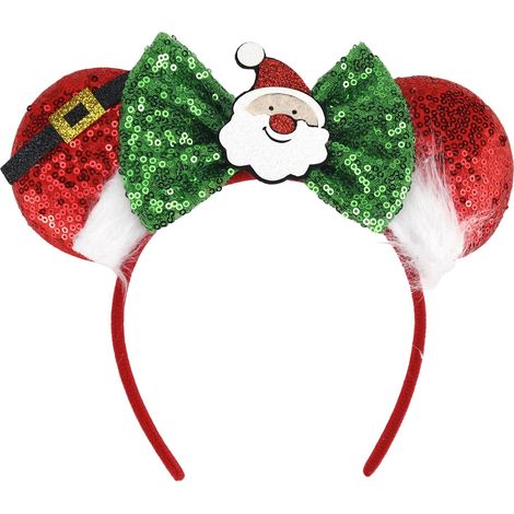 Bandeau de Noël - Motif Père Noël avec un nœud vert scintillant, un joli accessoire pour cheveux pour filles et femmes, taille unique, rouge et vert (1/5)