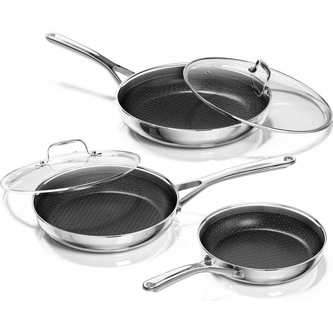Lot de 3 poêles en céramique antiadhésives avec couvercles en verre, poêles en acier inoxydable, compatibles induction, pour tous les types de cuisinières, passent au four et au (1/5)