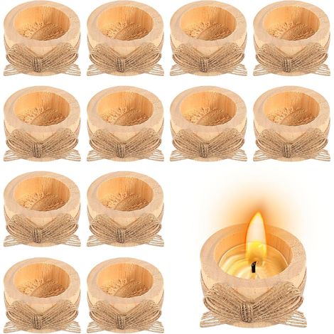 Lot de 12 photophores en bois naturel - 6 x 2,5 cm - Bougeoir rond pour mariage, décoration de table pour Halloween, Noël, anniversaires (1/5)