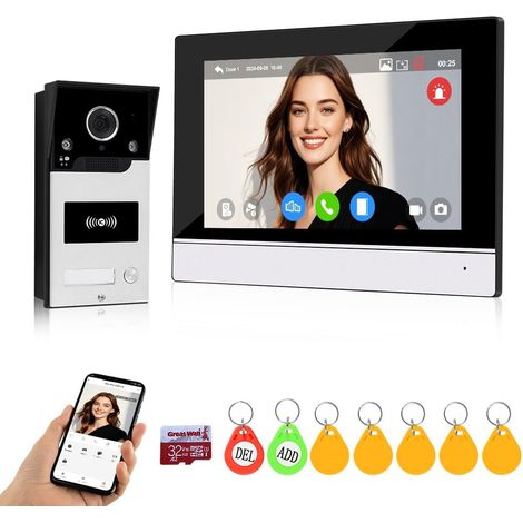 Système de Sonnette d'interphone Vidéo Pouces Caméra de Sonnette Vidéo Filaire avec Moniteur IR Vision Nocturne, Carte RFID/APP Déverrouillage (1/5)