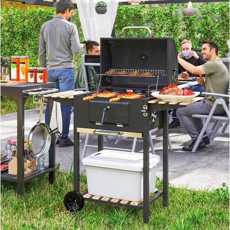 Barbecue a carbonella 112x58x107 cm in acciaio inox nero con termometro - MEUBLIV (1/5)